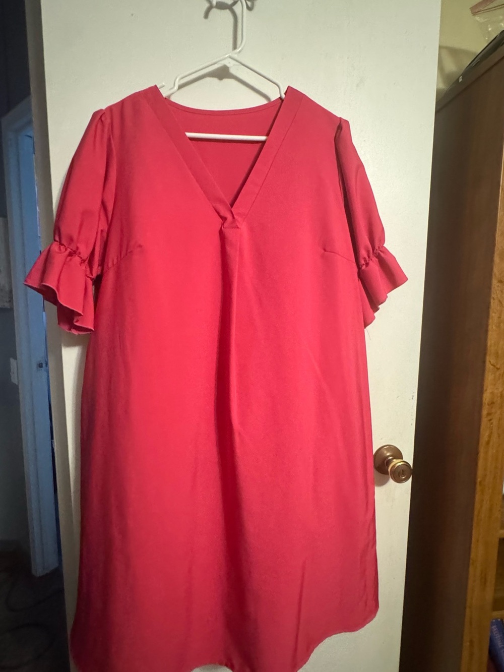 SHEIN Coral-Pink V-Neck Midi Dress with Ruffle Short Sleeves